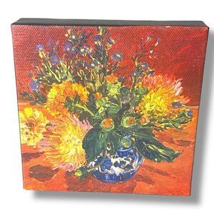 Original Painting Florals  Flowers in Blue White Vase Still Life 8” Canvas Fall